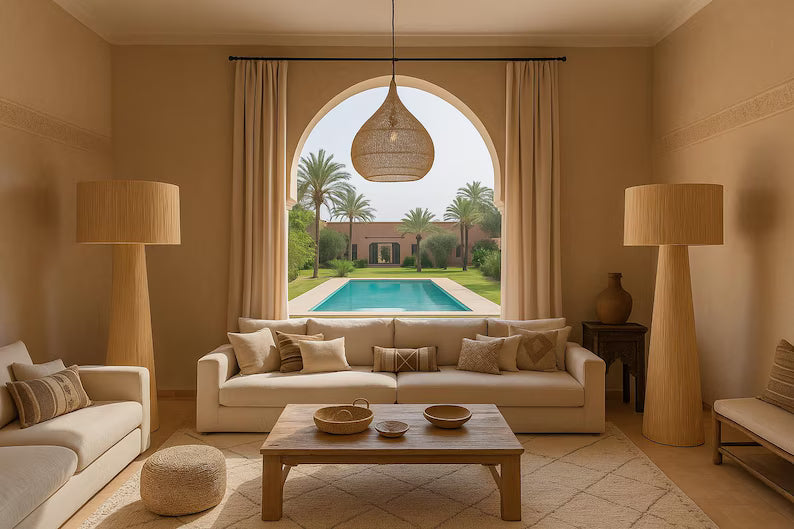 Handmade lamp made from braided rope or raffia