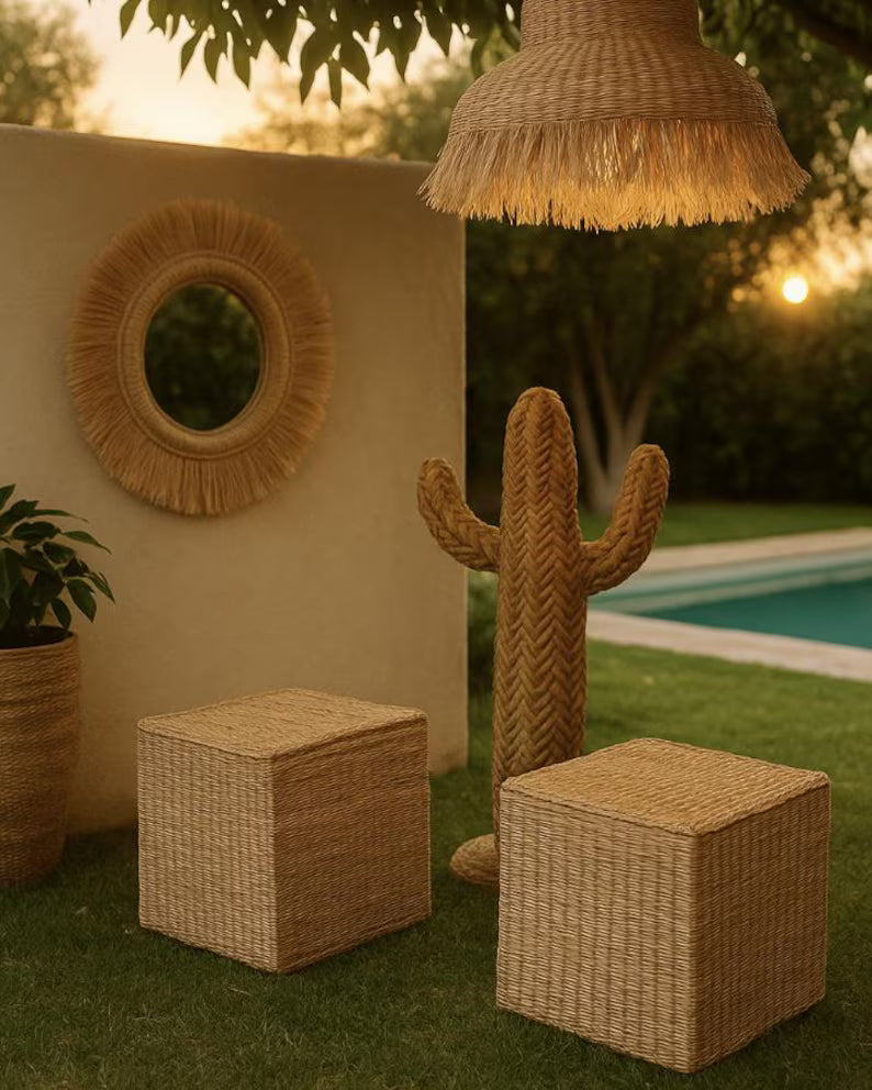 Decorative cactus in woven wicker, Moroccan handmade sculpture, natural boho chic decoration