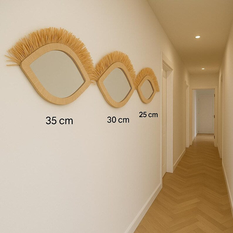 Set of 3 natural raffia eye mirrors with fringes