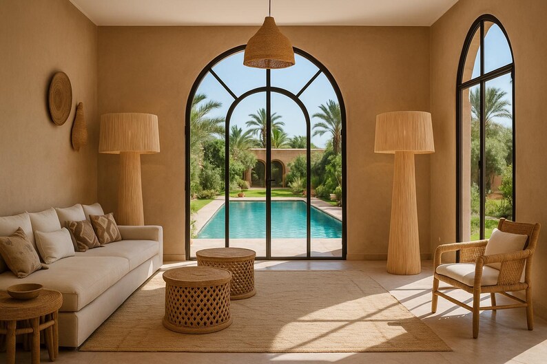 Handmade lamp made from braided rope or raffia