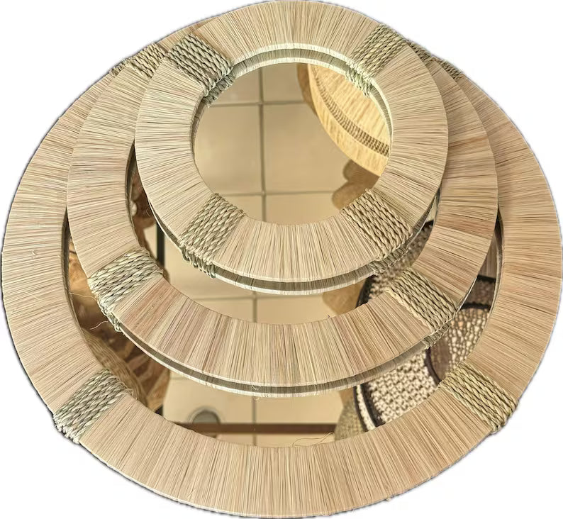 Set of 3 round wall mirrors in hand-woven natural raffia