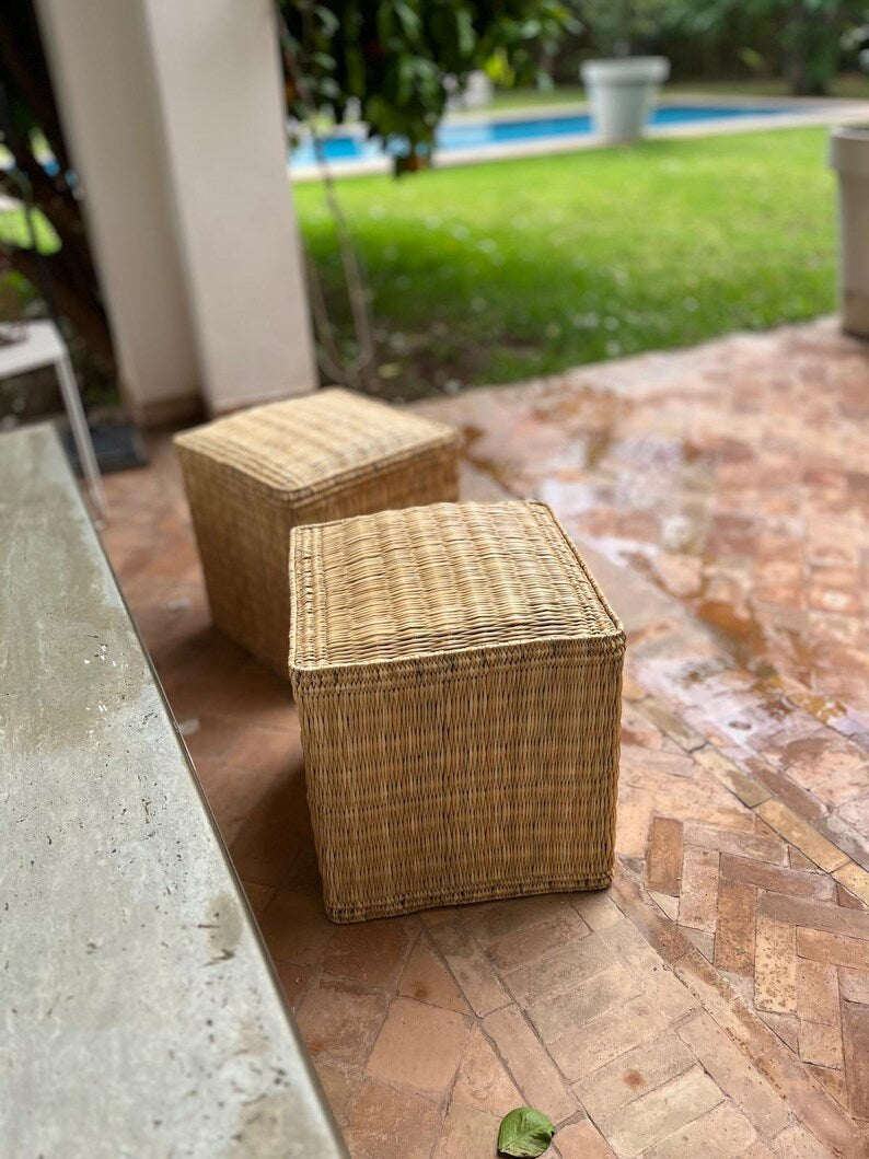 Square woven wicker pouf 40x40 cm, handmade, natural or colored boho chic pouf