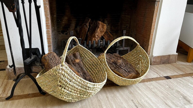 Woven Palm Wood Basket – Handcrafted Fireplace Basket or Natural Decoration