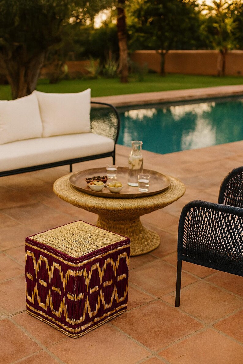 Square woven wicker pouf 40x40 cm, handmade, natural or colored boho chic pouf