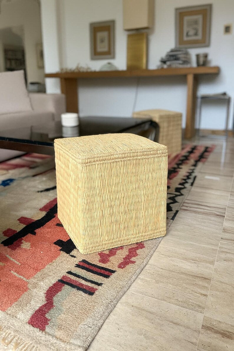 Square woven wicker pouf 40x40 cm, handmade, natural or colored boho chic pouf