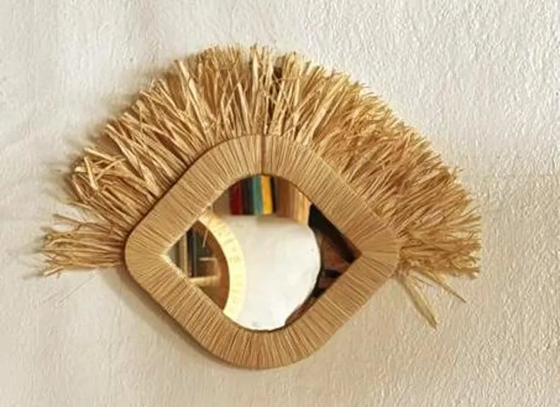 Set of 3 natural raffia eye mirrors with fringes