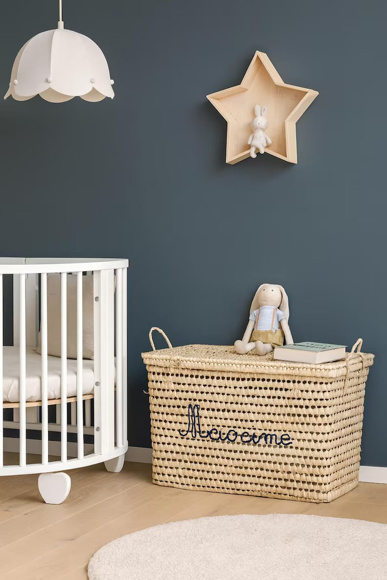 Rectangular woven straw storage trunk with lid and handles, handmade natural artisan basket from Morocco