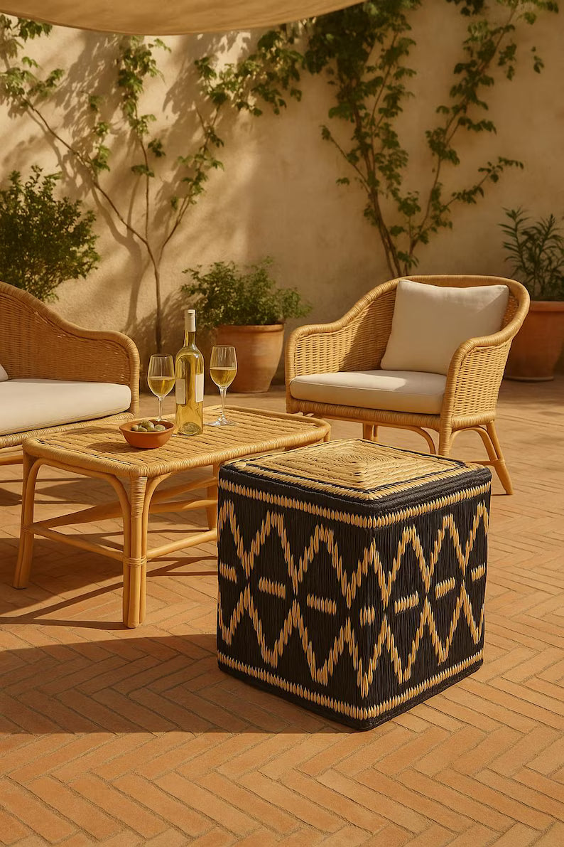 Square woven wicker pouf 40x40 cm, handmade, natural or colored boho chic pouf