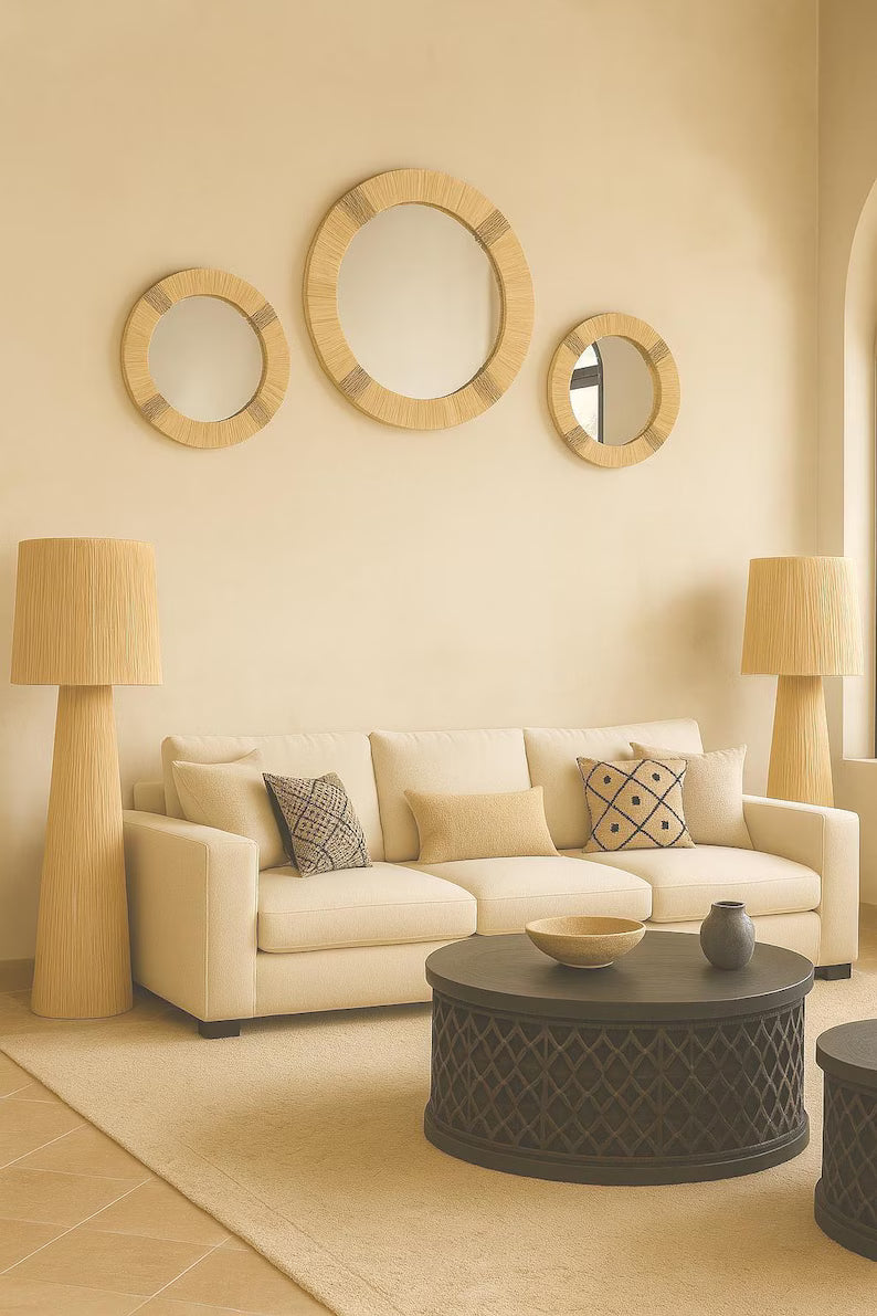 Set of 3 round wall mirrors in hand-woven natural raffia